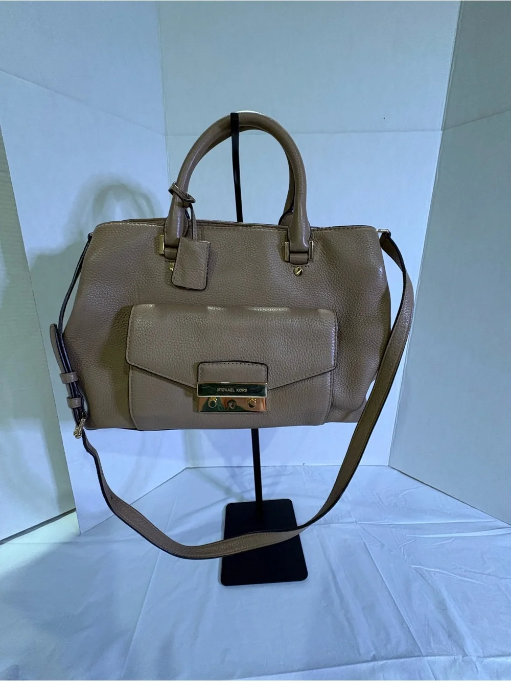 Michael Kors Taupe Pebbled Leather Shoulder Tote with Gold Hardware